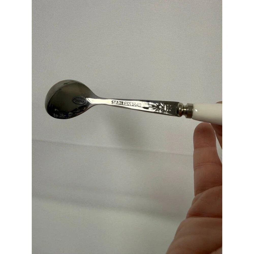 4 Porcelain Handled Stainless Steel Spoons Coffee Tea Dessert Lot NEW